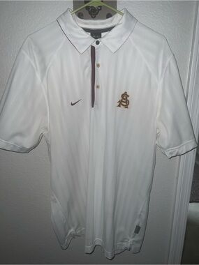 ASU Nike White Polo with Brown Trim and Gold Logo